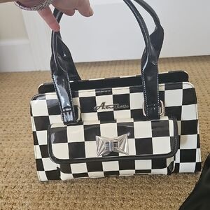 Black and White Checkered Patent Satchel with Bow Accent